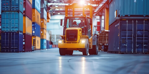 Poster - A yellow truck is driving through a warehouse filled with containers