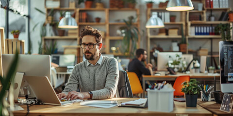 Sticker - A man is sitting at a desk in an office with a laptop and a computer monitor