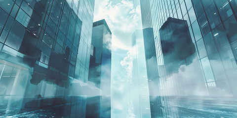 Wall Mural - A city skyline with a cloudy sky and a reflection of the buildings in the water