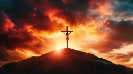 A cross is lit up in the sky, surrounded by a field of grass. The scene is serene and peaceful, with the sun setting in the background. The cross is a symbol of hope and faith