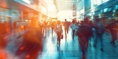 Canvas Print - A busy city street with people walking and carrying bags