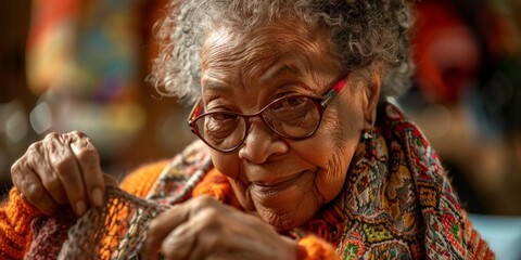 Wall Mural - Joyful expression on the face of an Afro-Latina grandmother knitting a scarf.