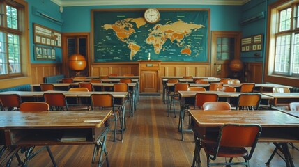 Wall Mural - Empty traditional classroom with wooden desks, world map, large windows, and clock, exuding an organized and scholarly atmosphere