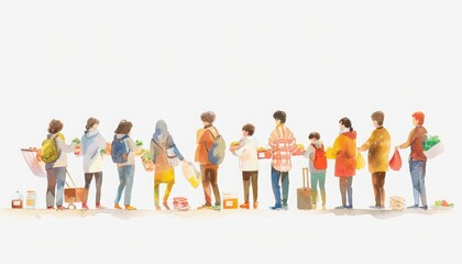 A diverse group of people waiting in line, showcasing community and everyday interactions with bags and items.