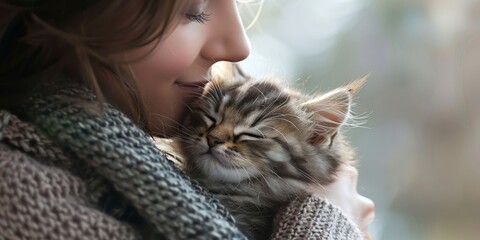 Sticker - A woman is holding a cat in her arms