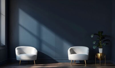 3D rendering of a dark blue empty wall with two armchairs and a golden side table on the right, in a minimalist interior design concept with a simple clean background.