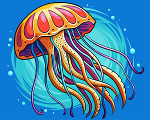 Wall Mural - cartoon vector illustration of jellyfish in the sea, blue isolated background, under sea planet