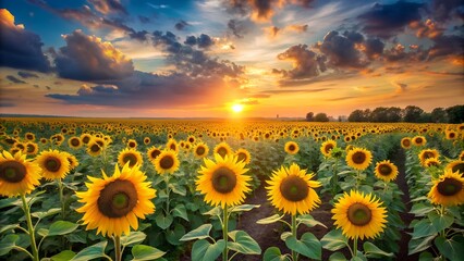 Canvas Print - Ukrainian Sunflower Field at Sunset  AI Generated