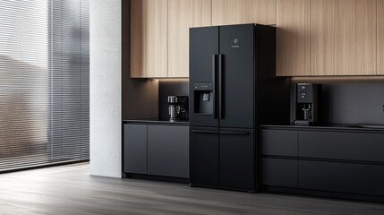 A contemporary kitchen showcases a black refrigerator and various stylish appliances set against a minimalist design with wooden cabinetry and large windows