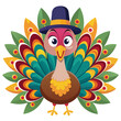 © Joanna Redesiuk - A  cartoon turkey is adorned with vibrant, colorful feathers, wearing a pilgrim hat.