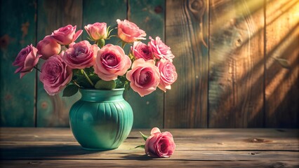 Wall Mural - A Symphony of Pink: Delicate Roses in a Turquoise Vase on Rustic Wood  generative AI