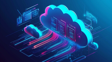 Leinwandbilder - 3D isometric illustration of cloud computing with glowing elements and clouds, representing the connection of technology and data in an atmosphere of innovation and digital business. This futuristic b