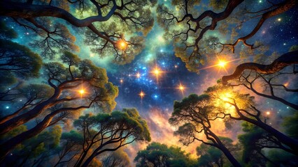 Sticker - Celestial Canopy: A Tapestry of Starlit Trees  generative AI