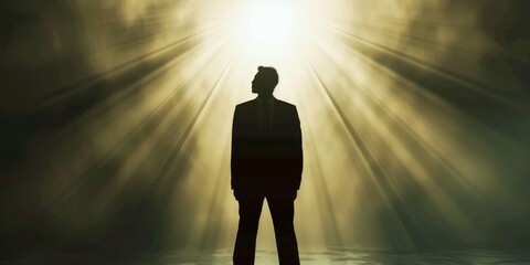 Wall Mural - silhouetted businessman standing tall amidst the radiance of success.