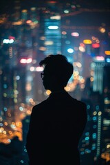 Wall Mural - Silhouetted young entrepreneur with city lights.