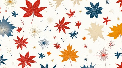 Wall Mural - Seamless pattern featuring Japanese seasonal motifs like autumn leaves, summer fireworks, and winter snowflakes in a flat vector style