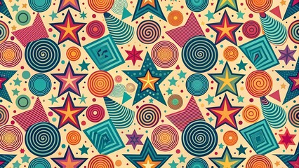 Wall Mural - Whimsical Whirlwind of Retro Glamour: A Seamless Pattern of Dazzling Stars and Bold Geometric Shapes  generative AI