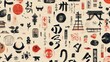© Jojo - Seamless pattern featuring Japanese calligraphy characters and symbols in a flat vector illustration style