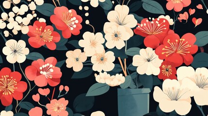 Wall Mural - A seamless texture of Japanese floral arrangements like ikebana in a flat vector illustration style