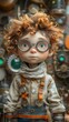 © linda - Young steampunk boy with curly hair and oversized glasses, standing in front of complex machinery, embodying curiosity and innovation.