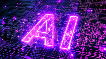 Processor or microchip with AI text on circuit board. Artificial intelligence background illustration. Core of artificial intelligence machine with neon light of energy. computer technology, data