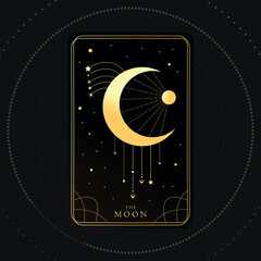 Wall Mural - Golden Tarot card of Major Arcana the Moon. Shiny crescent decorated with chains and stars. Tarot symbolism. Mystery, astrology, esoteric. Vector illustration