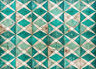 Wall Mural - Aged, worn, and damaged turquoise and white grunge traditional motif tiles with triangular and square patterns create a seamless, vintage cement tile texture background.