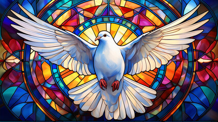 A white dove, symbolizing peace, hope and the Holy Spirit, against the background of a beautiful, colorful church stained glass window. 4K wallpaper