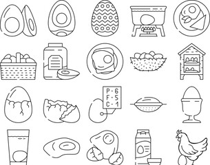 chicken egg farm brown icons set vector. hen organic, poultry food, easter chick, basket nest, isolated, product cooking chicken egg farm brown black contour illustrations