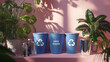 © Antto-AI - Zero Waste Recycling Bins with Plants and Bottles on Pink Background promoting eco-friendly practices and waste sorting.