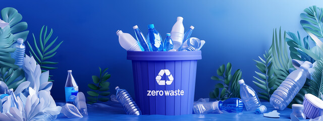 Blue Illustration Zero Waste Concept with Recyclable Plastic Bottles for a Sustainable, Zero Waste Header Illustration. Net Zero Emissions for Climate Change and Global Warming