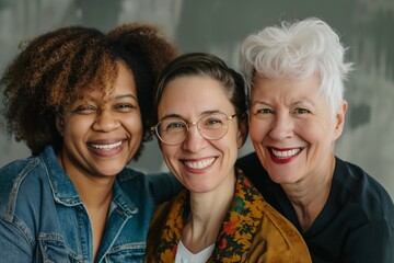 Wall Mural - Three mature ladies enjoying friendship, smiling together in a diverse and happy outdoor group portrait.