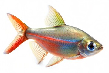 Aquarium fish Hyphessobrycon columbianus with red stripe on white background.