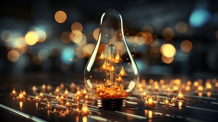 Fototapete - The glow light Data digital marketing analysis with light bulb in dark background