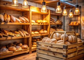 Wall Mural - Charming rustic bakery features a handcrafted wooden sign, warm interior lighting, and abundant fresh bread and pastries on wooden shelves, wrapped in custom packaging.