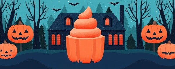 Pumpkin ice cream, haunted house and spooky trees, flat design illustration