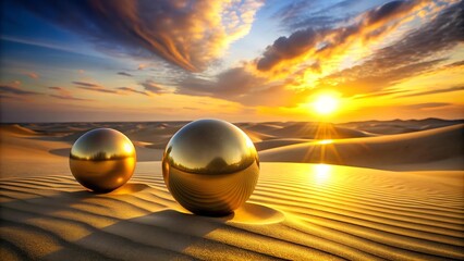 Poster - Golden Spheres Reflecting a Sunset Sky on a Sand Dune  AI generated