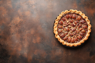 Wall Mural - Homemade autumn pecan pie on a rustic background, top view with copy space.