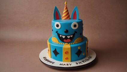 Wall Mural - A two-tiered birthday cake decorated with a blue, yellow, and red cartoon monster.