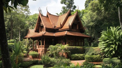 A picturesque scene of a Thai teakwood house with a steep, gabled roof and ornate finials, set in a tropical garden.