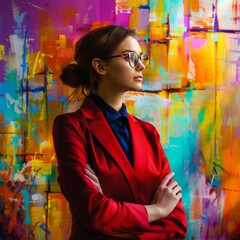 Wall Mural - Corporate woman against a vivid abstract backdrop.