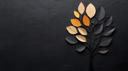 Wall Mural - A stylized branch with black, beige, and orange leaves on a dark background.  The leaves form a branch with a natural shape.  There is copy space to the left.