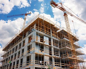 Wall Mural - Construction site with a crane and a partially built concrete building.