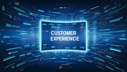Customer experience. Data science or artificial intelligence digital background featuring blue binary code waves. Background with code.