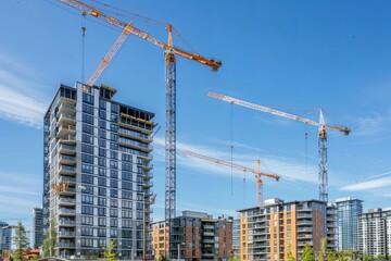 Wall Mural - Construction cranes working on high-rise buildings under a clear blue sky.