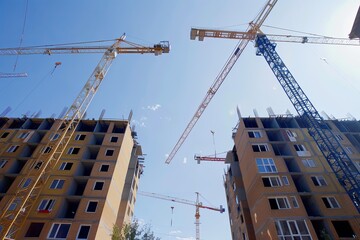 Wall Mural - Construction site with three cranes working on a new apartment building.