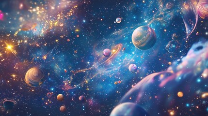 magical cartoon creatures flying through a starry night sky, leaving trails of sparkles and surround