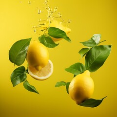 Fresh raw lemons with green leaves falling in the air isolated on yellow illuminating background