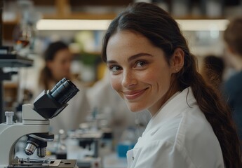 Sticker - In a laboratory for analysis, research, and study, a woman holds a microscope. Mature scientist person at work in a lab for future medicine and biotechnology.