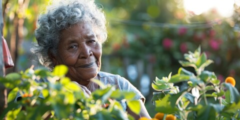 Wall Mural - Joyful expression on the face of an Afro-Latino grandmother gardening.